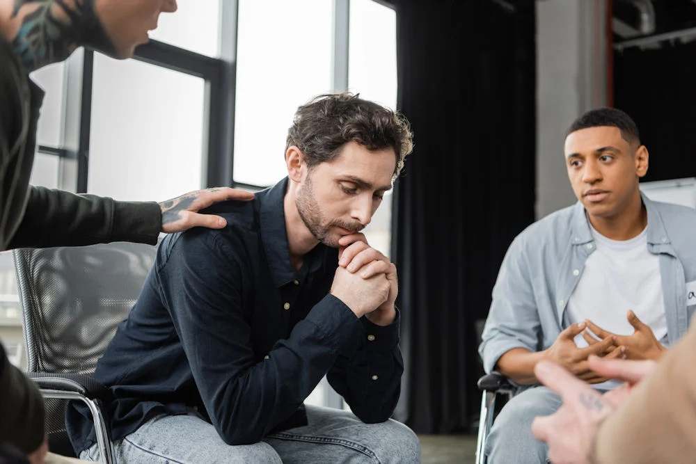 man with his hands together thoughtfully during a group therapy session