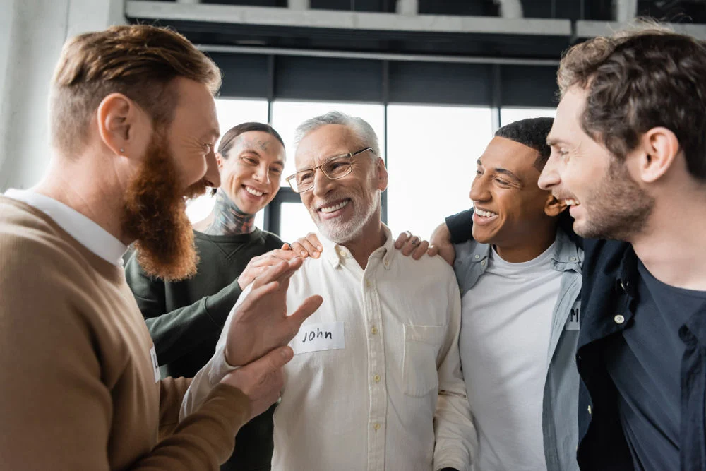 men celebrating recovery in support group meeting